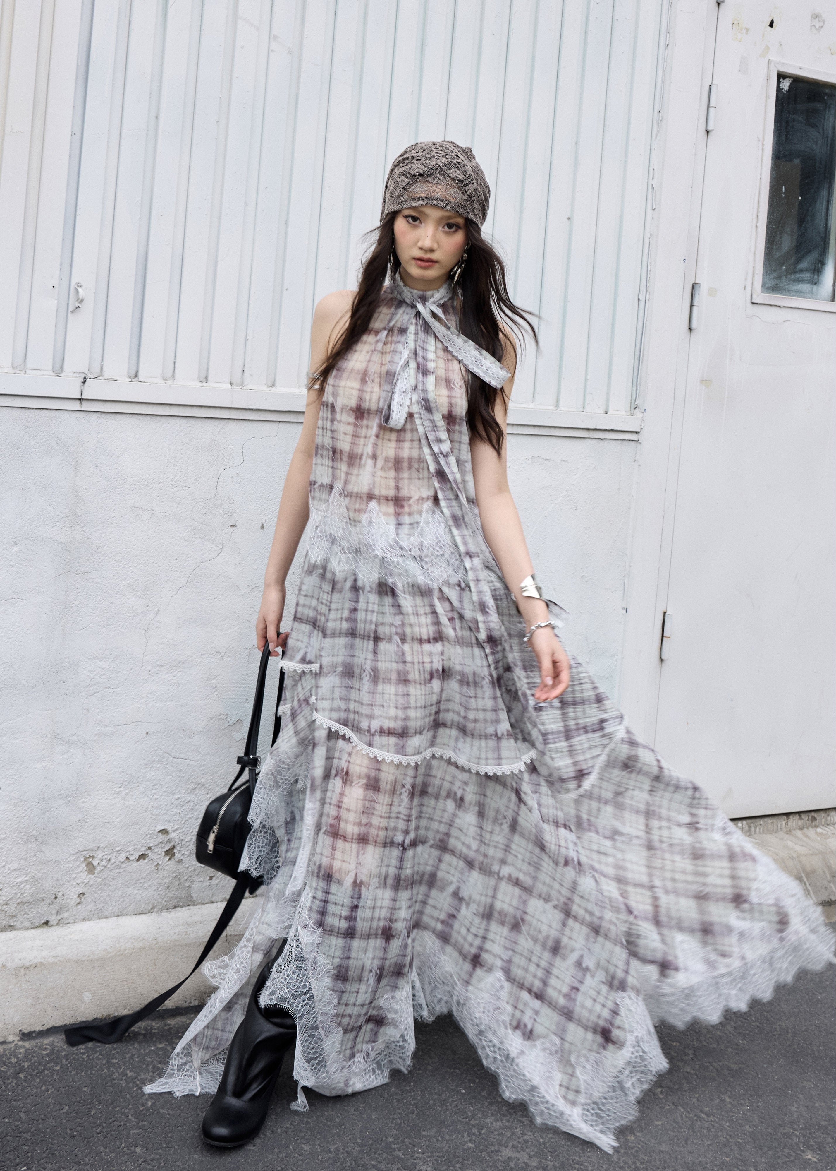 check two piece set, lace patchwork skirt set, korean fashion set, romantic maxi skirt set, vintage plaid outfit, feminine two piece dress set, irregular lace set, artistic summer outfit, jnylon set, elegant vacation outfit
