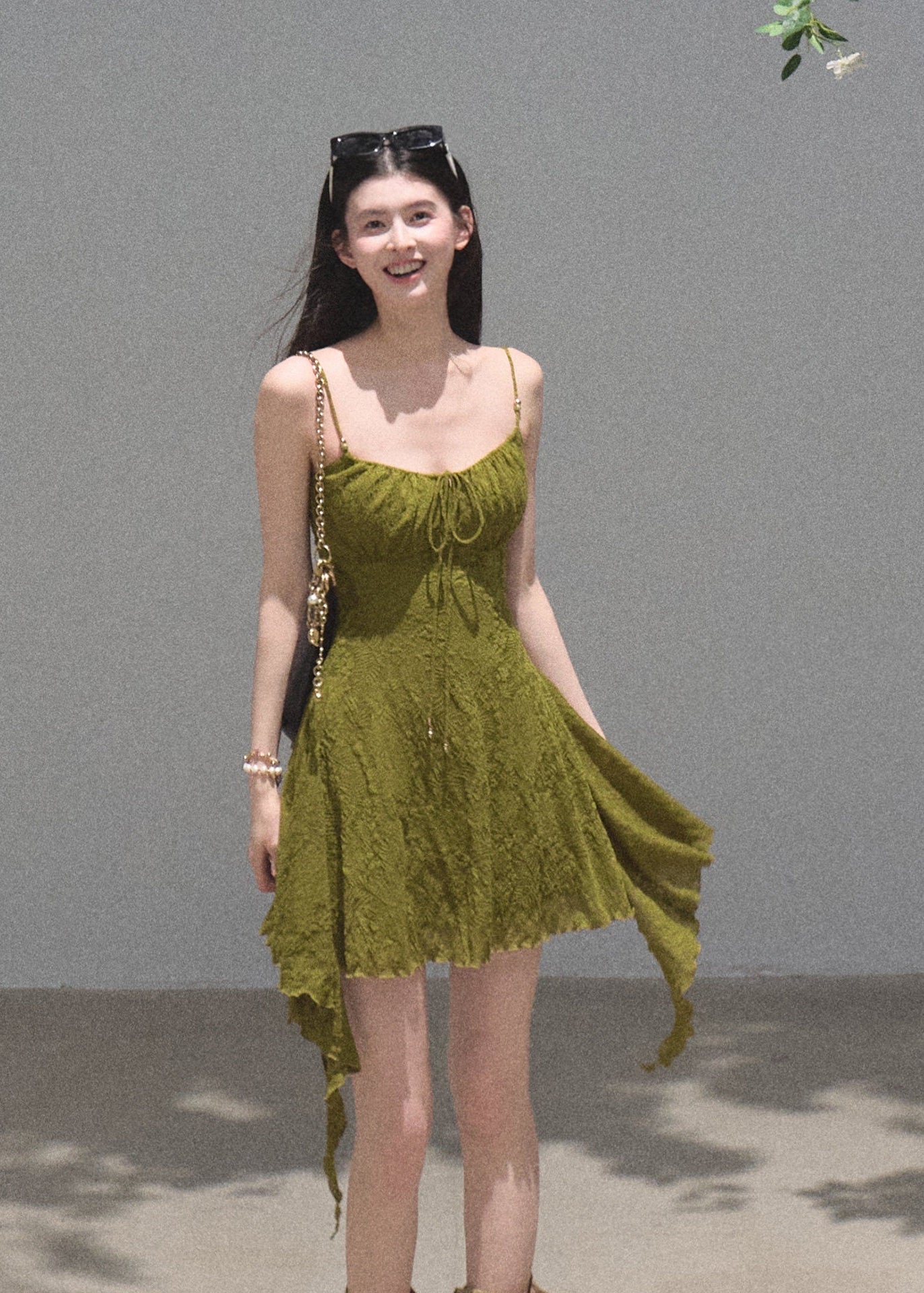 Jacquard fairy mini dress with asymmetric hem in olive green