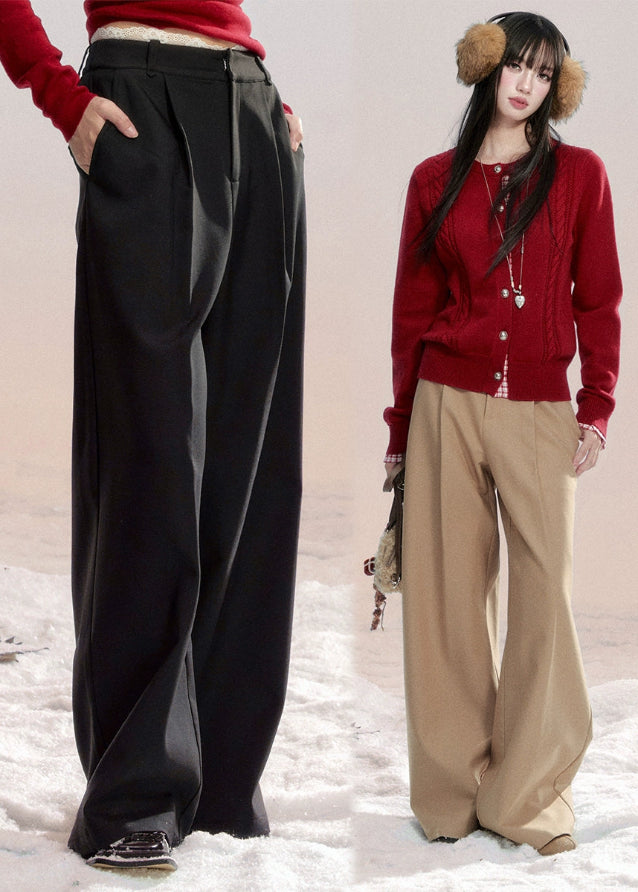 Fragile Heart wide leg pants, draped suit trousers, Korean chic trousers women, elegant flow pants, soft feminine wide pants, black draped trousers, beige wide-leg pants Korean, romantic casual pants, stylish long drape slacks, winter Korean fashion bottoms, gentle silhouette trousers, AW feminine wide-leg style