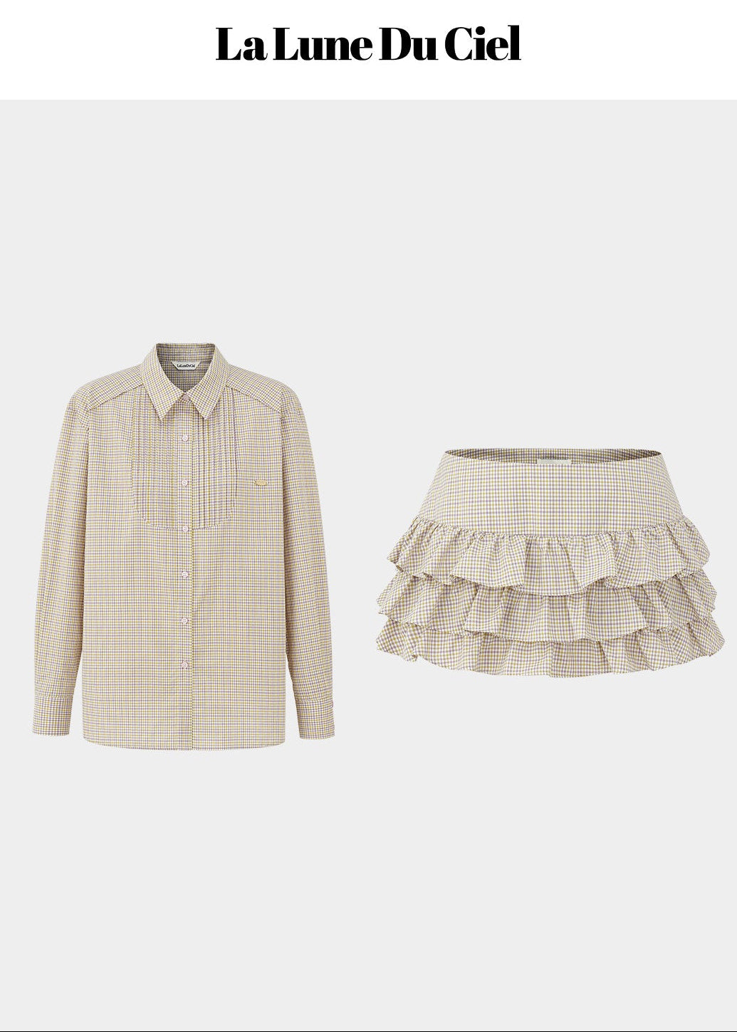 LaluneDuCiel plaid skirt set women, Korean feminine prep outfit, vintage plaid shirt and skirt set, elegant Korean style twinset, soft academia fashion women, puffy mini skirt plaid set, chic Korean campus look, layered plaid skirt outfit, romantic prep style womenswear, versatile feminine plaid ensemble