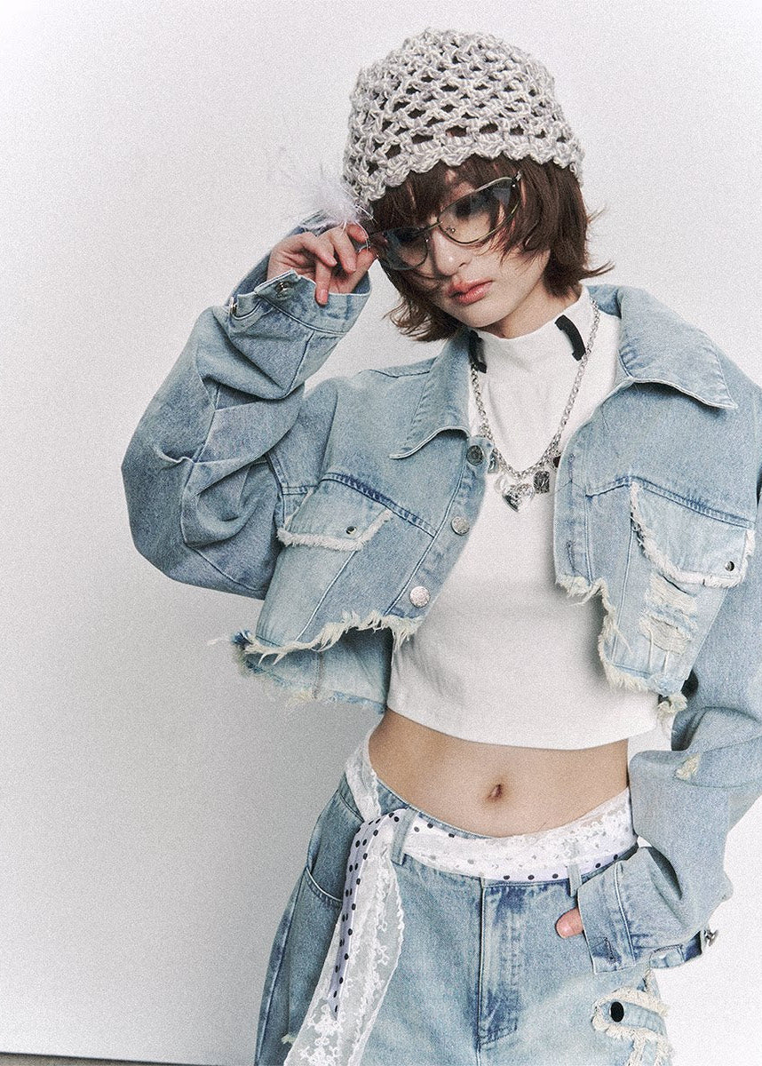 cropped denim jacket women, distressed denim jacket, grunge outfit women, edgy outfit women, street style jacket, punk style clothing, y2k edgy outfit, alternative fashion women, cropped jean jacket, raw edge denim jacket, urban streetwear women, vintage washed jacket, short denim jacket women, rebellious fashion outfit, underground fashion women, statement denim jacket, casual street outfit, modern grunge style, edgy streetwear women, distressed cropped jacket