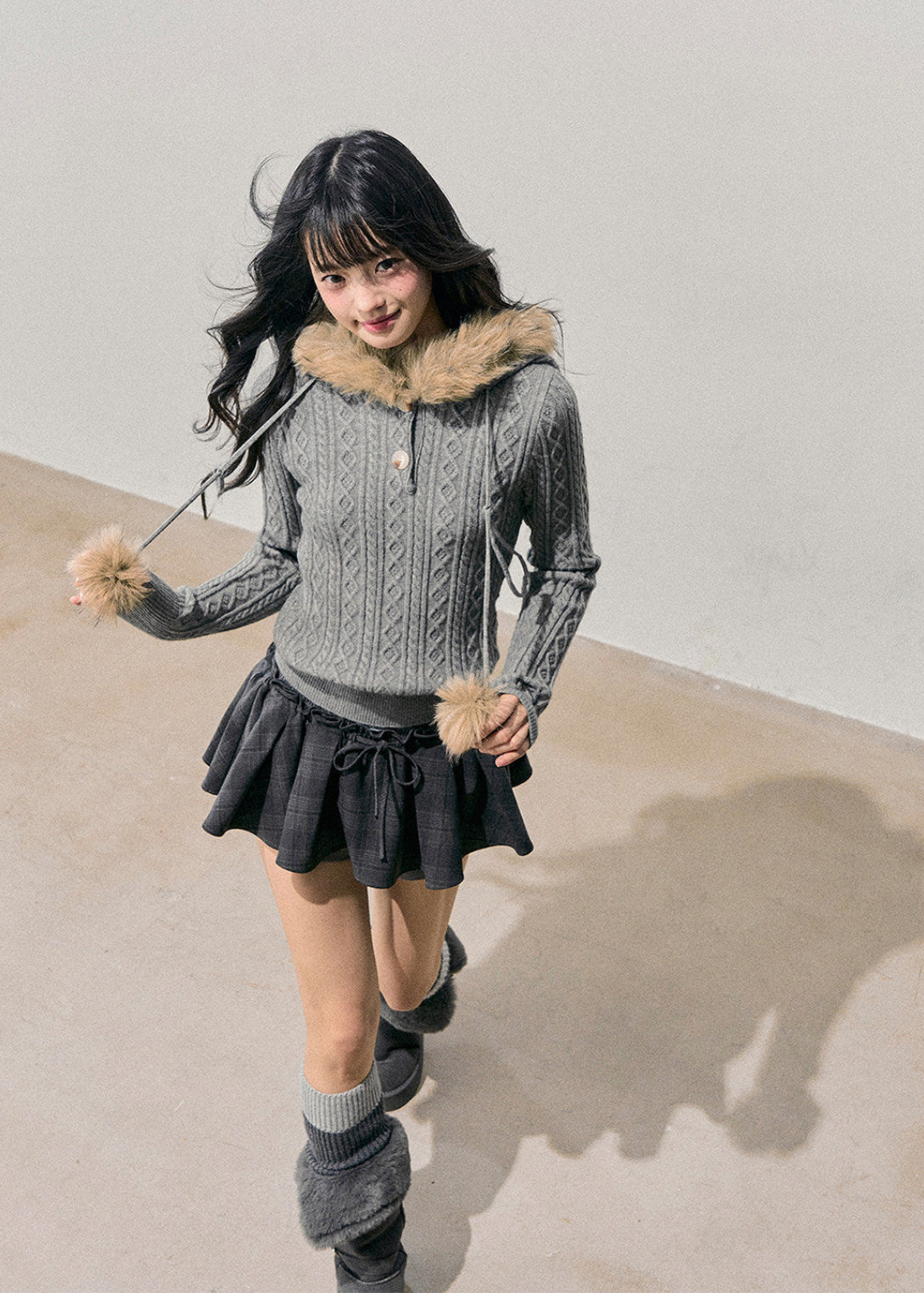 AOMALM knit sweater, Korean hooded sweater, winter cable knit top, plush hood knit, cropped winter sweater, feminine Korean style top, faux fur hood sweater, soft winter knitwear, cozy cable sweater women, Korean winter fashion, cropped knit hoodie, warm knit top women, soft girl winter sweater, aesthetic Korean knit, winter layering sweater, feminine hooded knit