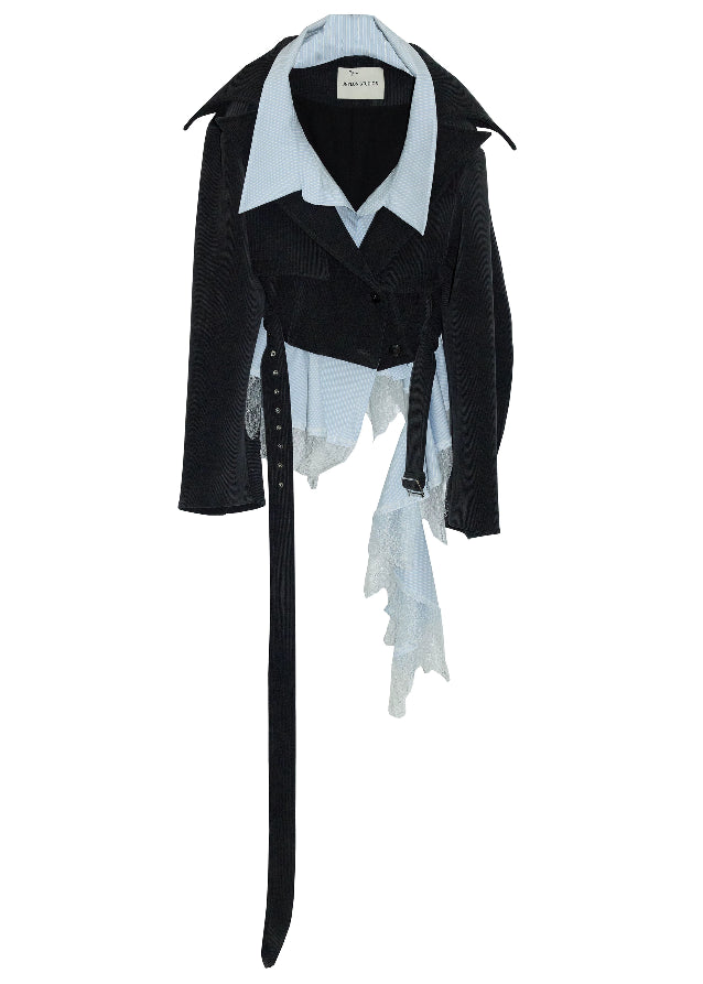 korean lace jacket, hybrid layered jacket women, deconstructed short coat, asymmetric lace trim jacket, korean street style coat, JNYLON jacket 2025, contrast panel outerwear, fake two piece jacket women, lace patchwork blazer, avant garde korean fashion, layered silhouette jacket, romantic grunge jacket, korean asymmetrical coat, soft edgy fashion jacket
