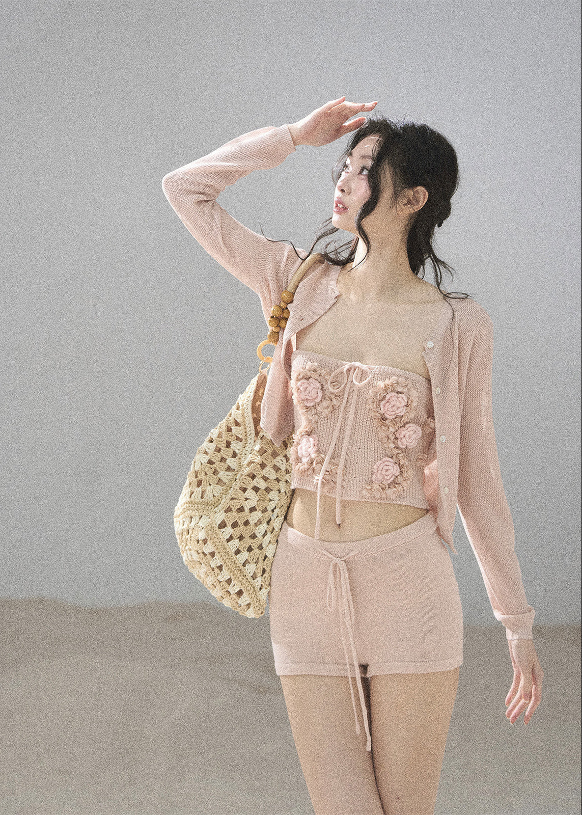 aomalm set, three piece set women, floral bandeau set, korean summer set, olive green co ord, french feminine outfit, 3d floral top, cardigan and shorts set, resort outfit women, romantic summer set, knit shorts set, feminine korean fashion