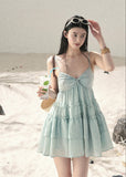 Seafoam blue tiered cami mini dress with gathered front