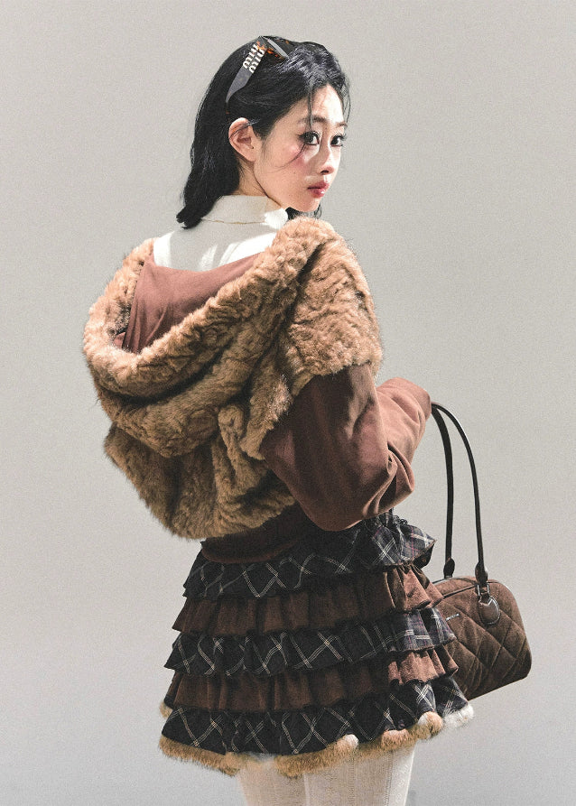 Korean jacket, lambswool jacket, fluffy cropped jacket, winter feminine coat, AOMALM jacket, Korean style outerwear, fur trim hoodie, cute winter jacket, warm fleece coat, short lamb fleece top, girly winter fashion, soft girl jacket, brown fluffy jacket, K-fashion outer, winter Korea outfit