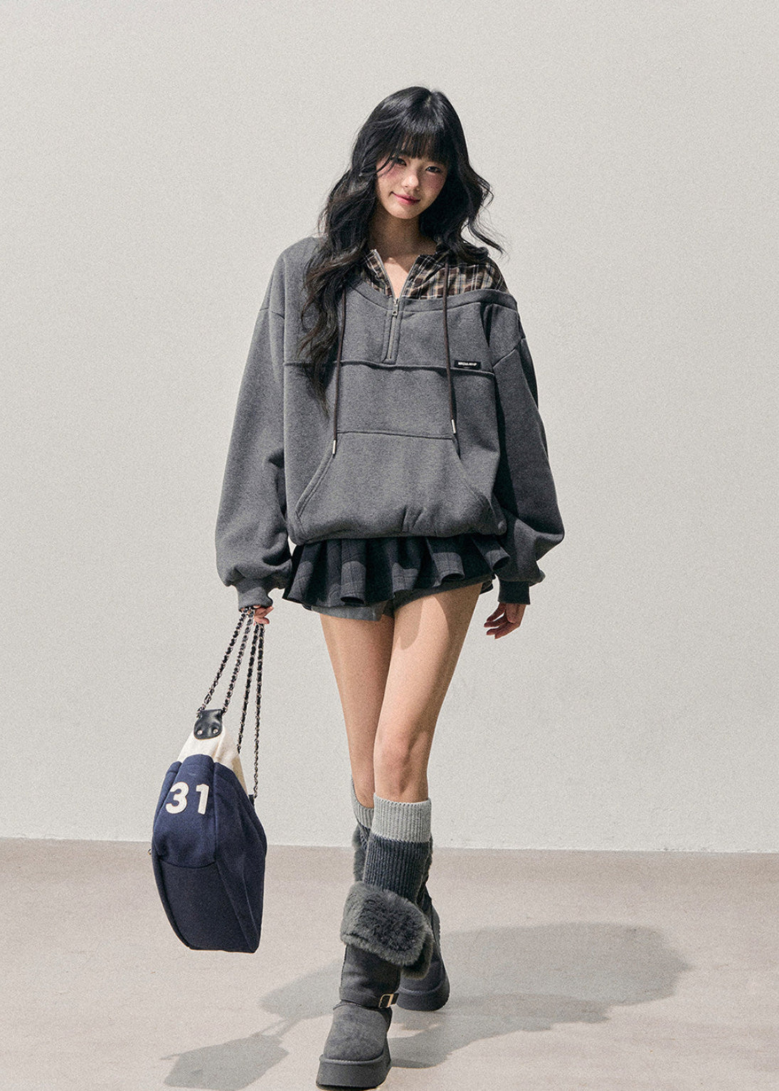 AOMALM hoodie, Korean hoodie women, fake two piece hoodie, plaid hoodie women, oversized sweatshirt, winter hoodie women, Korean casual top, fleece hoodie women, layered hoodie style, soft feminine hoodie, half zip sweatshirt, grey hoodie outfit, winter casual wear women, Korean street fashion hoodie, cozy winter sweatshirt