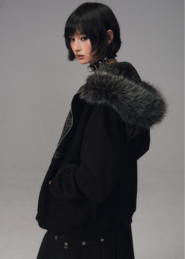 Frustration Garden hoodie, cat ear hoodie jacket, grunge fur hood sweatshirt, leopard star hoodie, edgy winter jacket women, punk fleece zip jacket, alternative streetwear coat, goth cat ear coat, oversized fur hood jacket