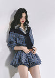 korean plaid dress, two piece set women, korean preppy outfit, hepburn style dress, autumn mini skirt set, belted plaid outfit women, seoul fashion 2025, korean chic preppy look, vintage school girl outfit, trendy korean clothing, blue check dress, elegant french plaid outfit, waist slimming short dress, korean matching set women, nom alm fashion