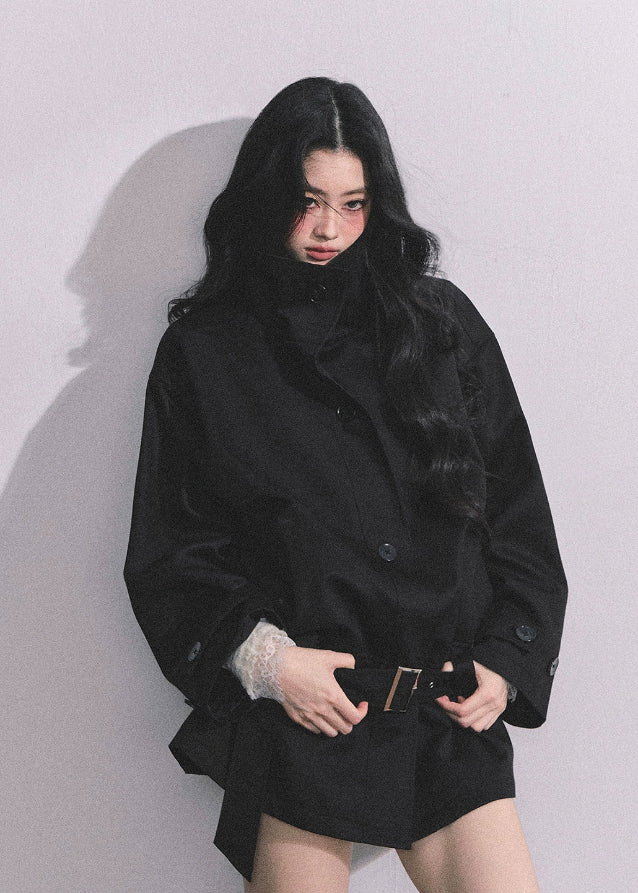 french trench jacket, korean short trench coat, autumn outerwear women, seoul street style jacket, belted loose fit coat, stand collar windbreaker, hepurn fashion jacket, elegant french outerwear, korean fashion 2025, minimalist city coat, oversized chic jacket, trendy korean outfit, casual luxury jacket, nom alm style, korean modern trench