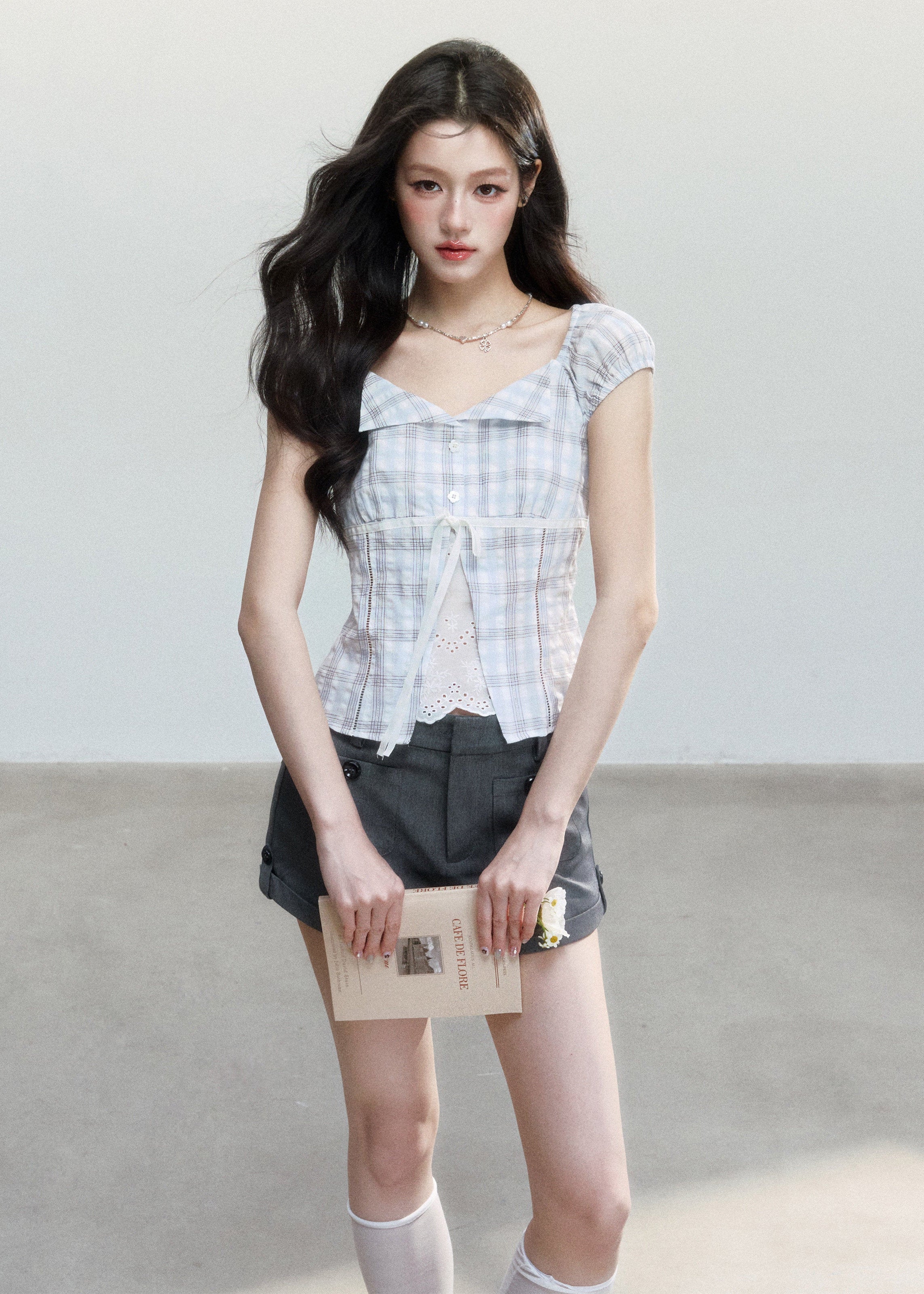fragileheart top, blue plaid top, korean plaid blouse, academy style top, lace patchwork top, feminine summer top, tie front plaid top, cotton plaid blouse, korean fashion top, slim fit summer blouse, cute plaid top, preppy korean top
