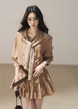 Golden beige lapel dress set with inner shorts