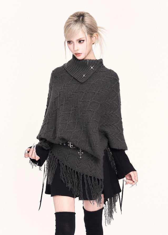 VOCK, y2k fashion, Korean style sweater, fringe cape sweater, knit shawl top, high neck poncho, asymmetric sweater, gothic knitwear, winter kawaii fashion, edgy streetwear top, Korean winter outfit, aesthetic dark fashion, high collar knit, poncho sweater women, irregular hem sweater, trendy winter tops women, Seoul fashion knit