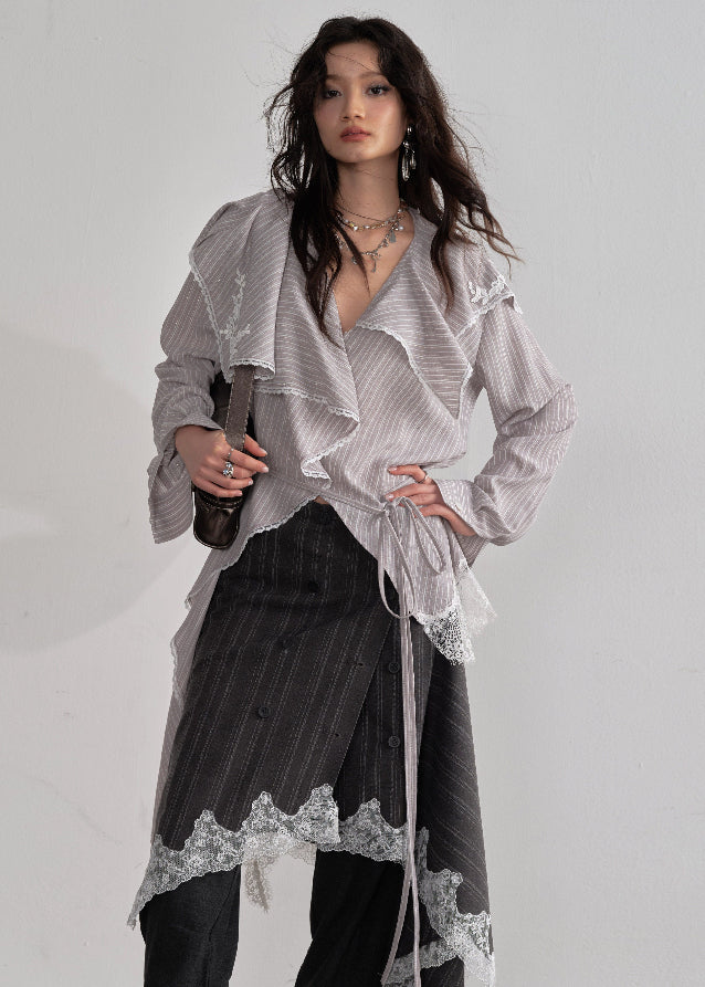 JNYLON asymmetric long shirt women, Korean stylish lace stripe blouse, modern Korean fashion long shirt, chic ruffle stripe layering piece, vintage inspired lace long blouse, trendy Korean street chic outfit, lightweight striped long shirt women, urban Korean fashion layering top, stylish oversized long blouse Korean style, lace applique long shirt women