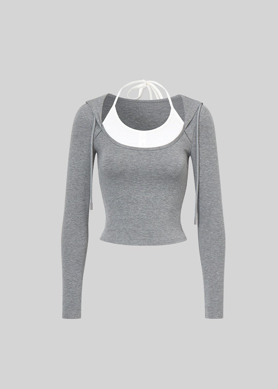 Faux two-piece long-sleeve top with contrast neckline and gray mini skirt