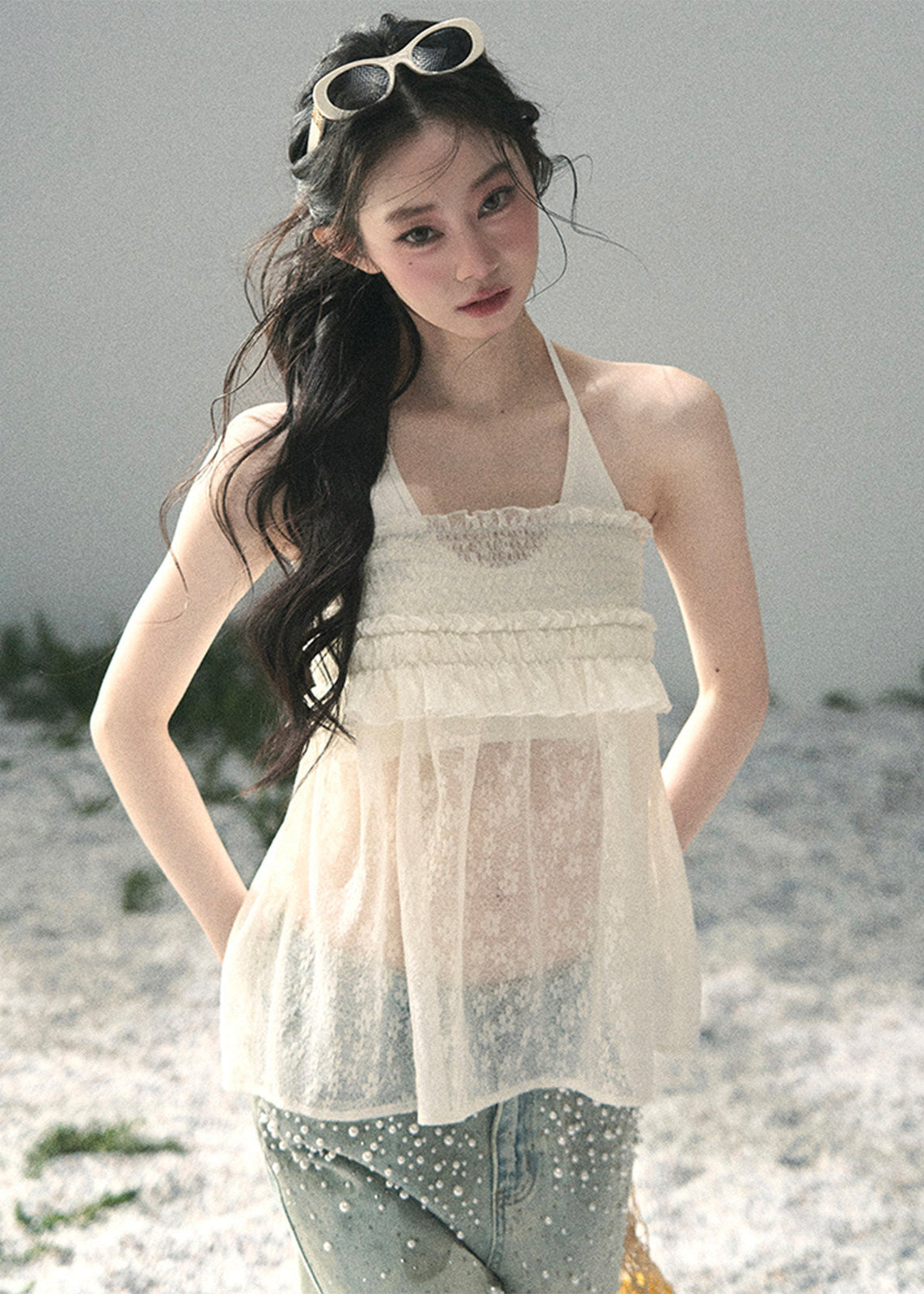 aomalm top, halter lace top, sheer layered top, feminine korean top, french lace summer top, two piece cami set, floral lace blouse, romantic summer top, lyocell halter cami, airy gauze top women, korean fashion blouse, delicate summer outfit