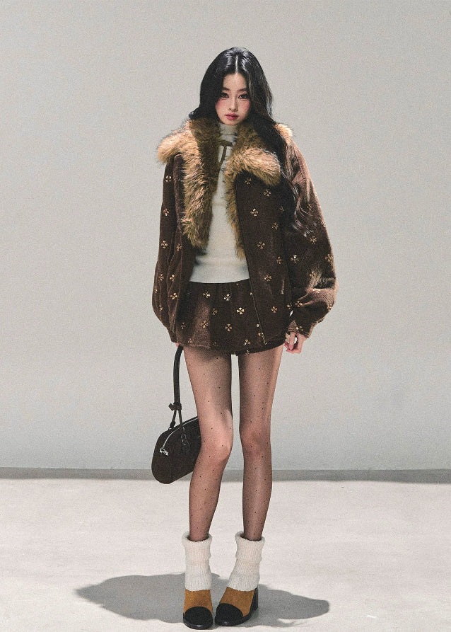 Whisper of Snowfall set, Maillard wool suit, Korean winter outfit, two-piece wool set, faux fur collar jacket, winter skirt set, AOMALM wool outfit, embroidered wool jacket, warm winter coordinates, Korean fashion winter set, cozy jacket and skirt set, feminine winter outfit, stylish wool two-piece, warm Maillard tone outfit, luxury winter clothing, cute winter suit women, Korean style jacket skirt set, soft wool winter wear, brown wool skirt set, fluffy collar winter jacket.