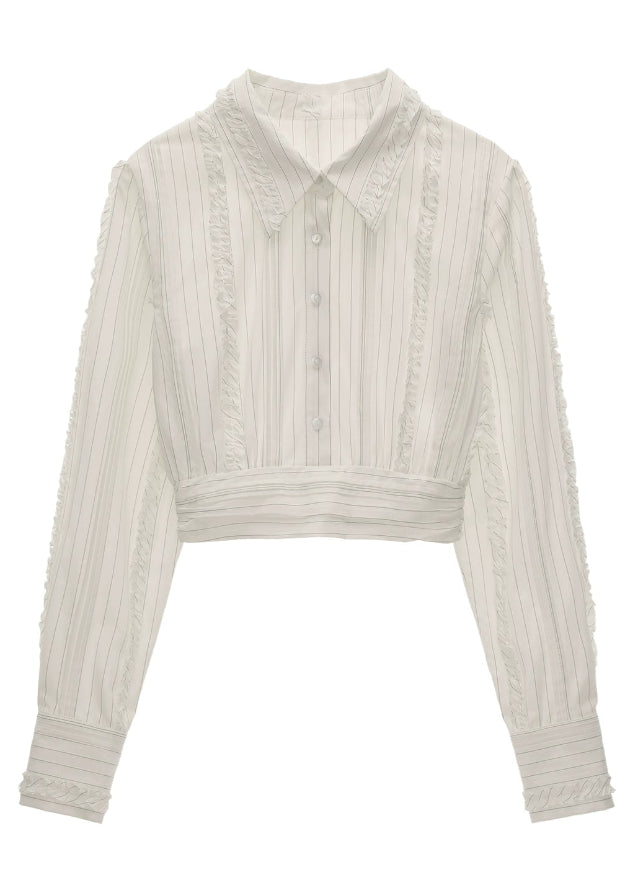 layered waist white shirt women, striped waist crop shirt, fall winter white blouse women, quiet luxury white button up, minimalist layered shirt women, korean chic white shirt outfit, contoured waist blouse, tailored cropped shirt street style, nowa tokyo minimal fashion
