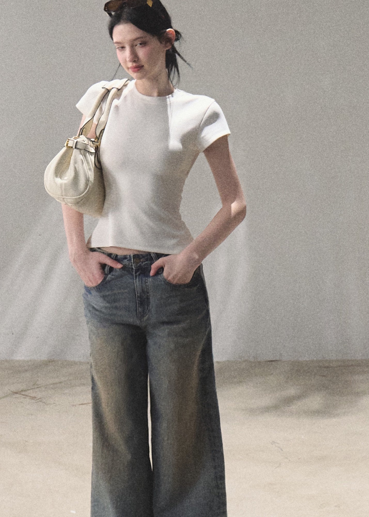oakmoo top, white slim t-shirt, antibacterial cotton top, korean minimal fashion, short sleeve summer top, waist cinching t-shirt, slim fit white tee, quiet luxury basic top, everyday summer top, korean casual outfit, cotton blend t-shirt women, minimalist white top