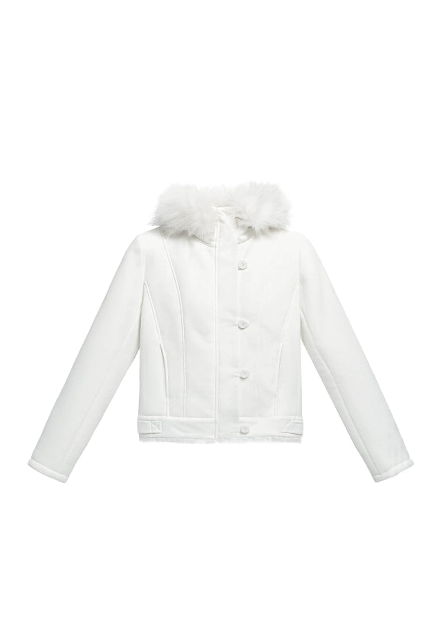 Fragileheart suede cropped coat, fur hooded jacket, luxury Korean fashion, quiet luxury outerwear, winter short coat, pastel noir aesthetic, elegant slim-fit jacket, K-fashion 2025, ivory and black coat, feminine winter outfit, soft suede outerwear, modern Korean fashion, stylish cropped jacket, warm winter coat
