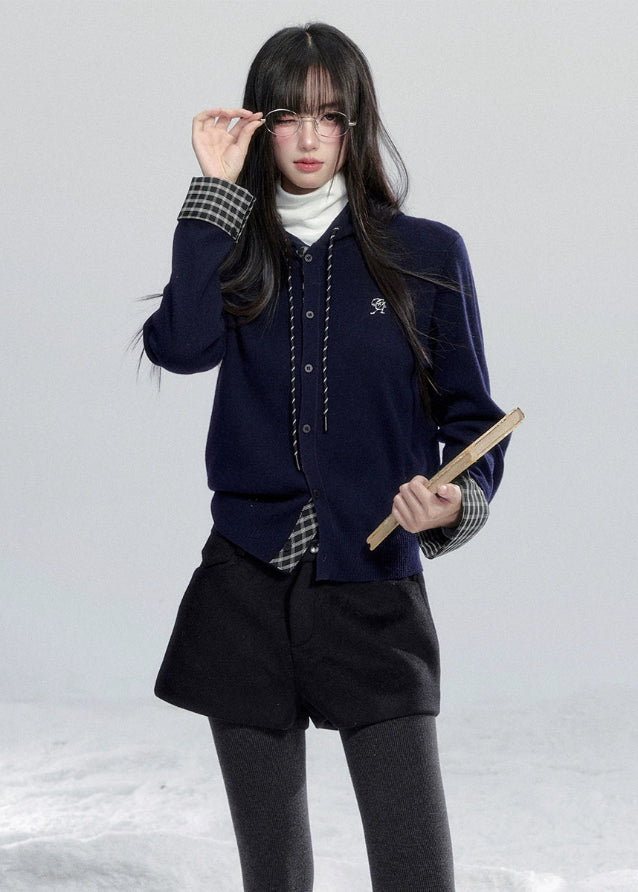 Fragile Heart knit cardigan, plaid patchwork hoodie, Korean girly knit top, layered look knit cardigan, soft feminine hoodie, navy plaid knit jacket, cute Korean hooded cardigan, romantic winter knitwear, cozy patchwork sweater, feminine layered knit top, AW Korean fashion knit hoodie