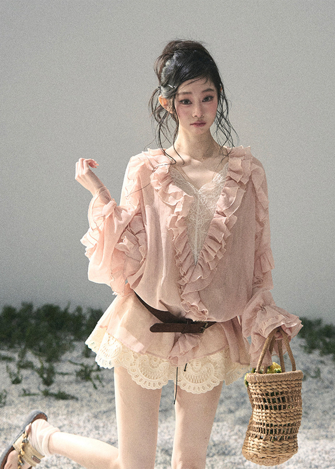 aomalm blouse, ruffle chiffon blouse, feminine korean top, french romantic blouse, pink lace blouse, sheer summer blouse, soft girl chiffon top, korean fashion blouse, sweet ruffle top, airy summer shirt, romantic vacation top, delicate lace blouse