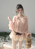 aomalm blouse, ruffle chiffon blouse, feminine korean top, french romantic blouse, pink lace blouse, sheer summer blouse, soft girl chiffon top, korean fashion blouse, sweet ruffle top, airy summer shirt, romantic vacation top, delicate lace blouse