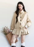 Fragileheart trench coat, short belted coat, luxury Korean fashion, beige autumn jacket, quiet luxury outerwear, pastel noir aesthetic, early fall outfit, elegant short trench, K-fashion 2025, minimalist feminine coat, tie-up waist jacket, sophisticated Korean fashion, modern beige outerwear, chic autumn coat
