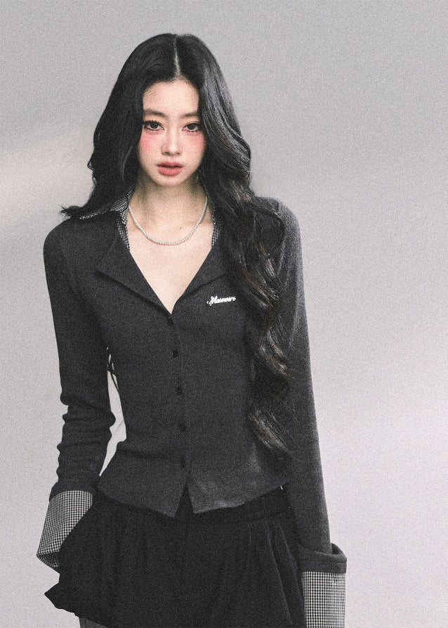 fake two knit top women, plaid collar knit shirt, contrast knit blouse, slim waist knit top, autumn long sleeve knit, schoolgirl plaid top, preppy knit shirt women, fw25 plaid knit
