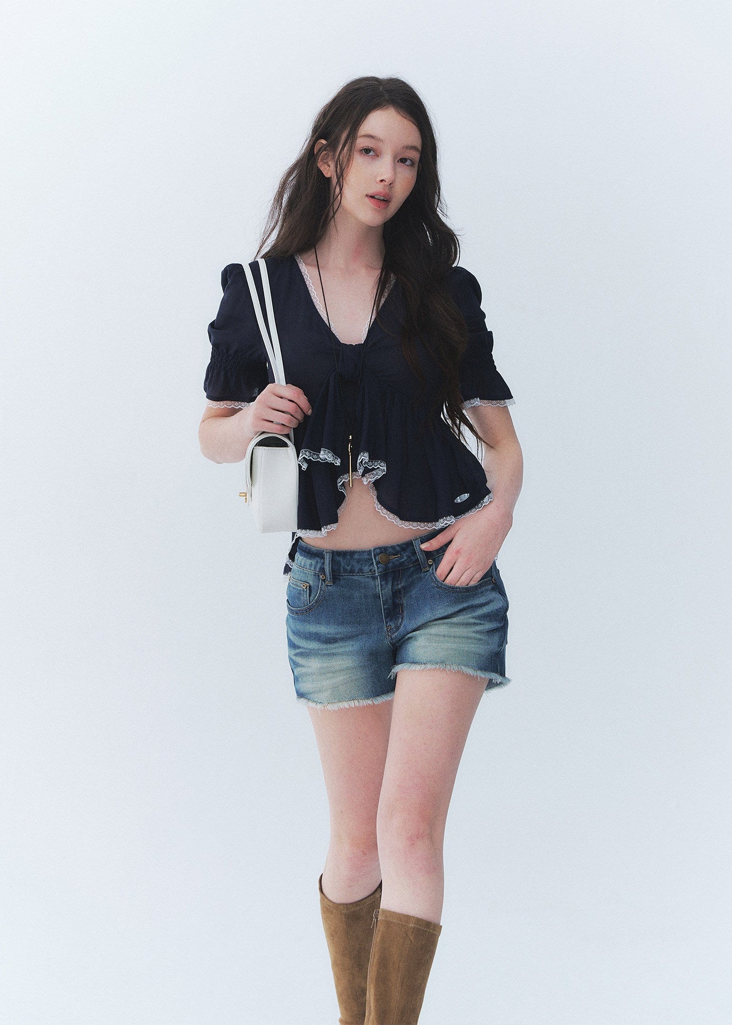 puff sleeve lace top, tie front blouse, French V neck top, Lyocell blouse women, romantic lace trim top, feminine Korean blouse, irregular tie top, soft summer blouse, puff sleeve summer top, elegant casual blouse, cute date outfit top, lightweight feminine blouse, navy lace blouse, French romantic top, dressy casual women top