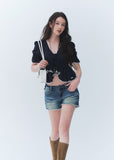 puff sleeve lace top, tie front blouse, French V neck top, Lyocell blouse women, romantic lace trim top, feminine Korean blouse, irregular tie top, soft summer blouse, puff sleeve summer top, elegant casual blouse, cute date outfit top, lightweight feminine blouse, navy lace blouse, French romantic top, dressy casual women top