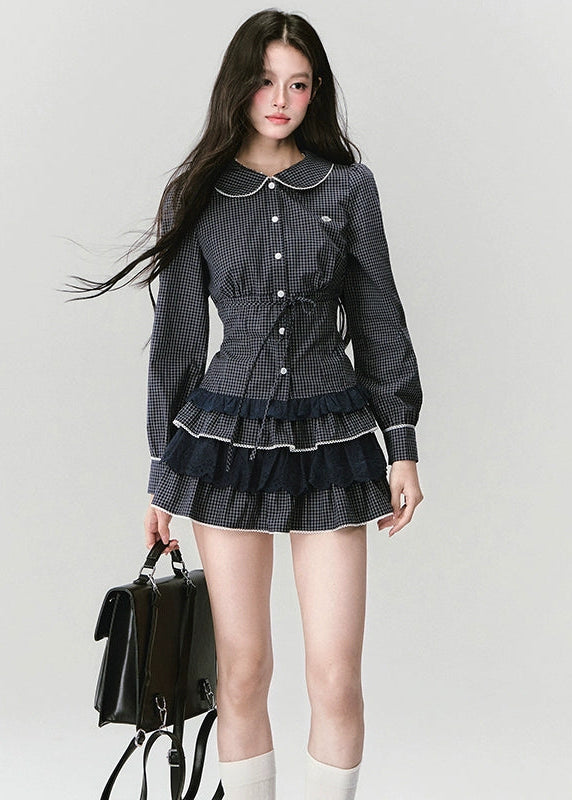 Fragileheart lace set, gingham blouse skirt, luxury Korean fashion, elegant two-piece outfit, soft preppy K-fashion, 2025 fall collection, quiet luxury style, pastel noir aesthetic, romantic layered skirt, modern feminine fashion, luxury womenswear, Korean academic outfit, chic lace two-piece dress, graceful preppy look, soft vintage fashion
