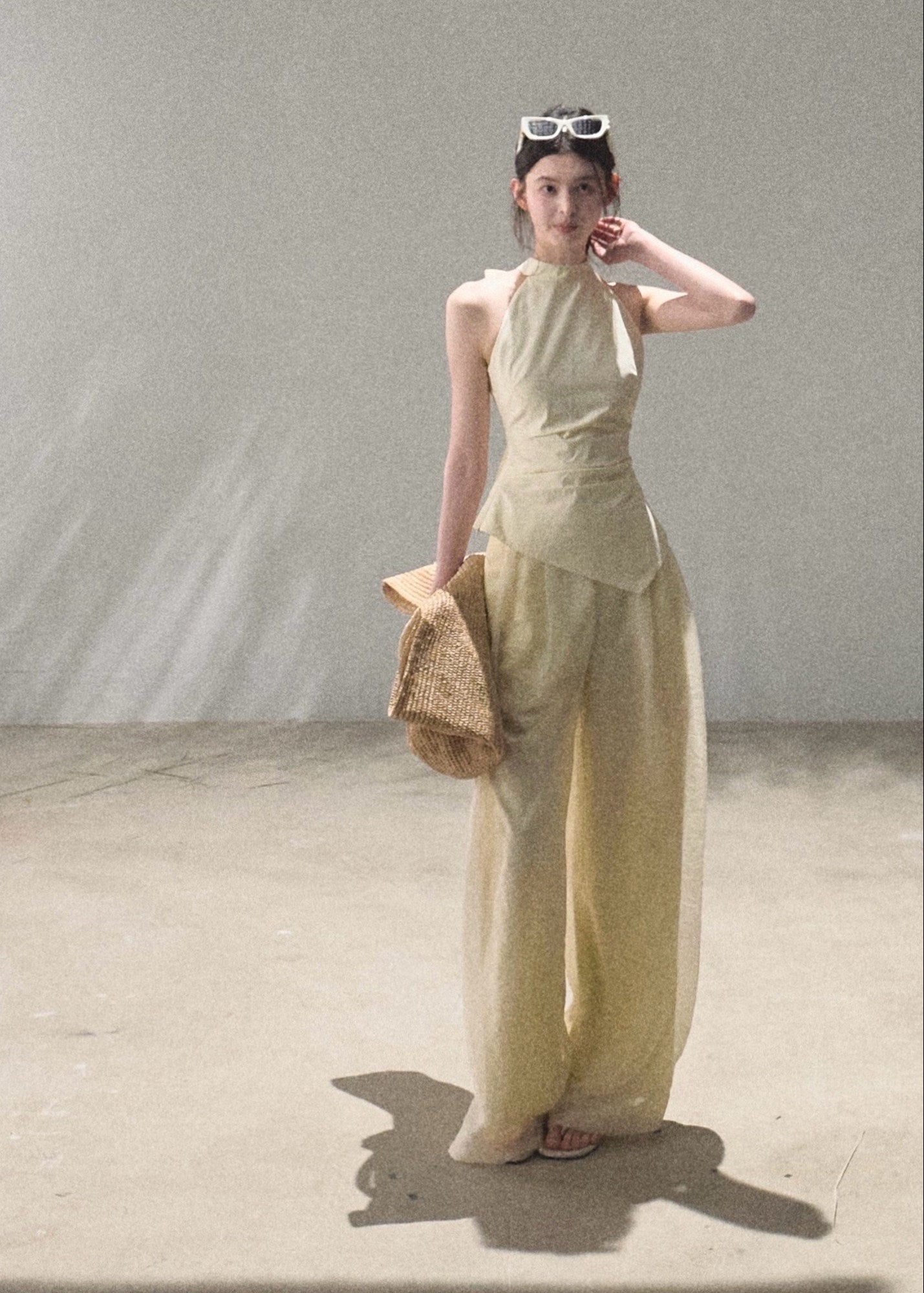 oakmoo pants, mesh wide leg pants, ivory wide leg pants, korean minimal fashion, resort pants women, loose straight leg pants, drapey summer pants, quiet luxury pants, lightweight summer trousers, old money style pants, airy vacation pants, relaxed wide leg pants