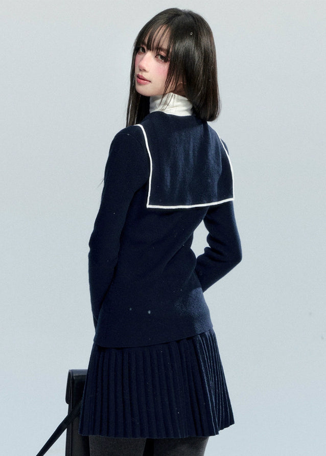 Fragile Heart navy knit top, bow tie sweater, sailor collar knit blouse, Korean girly knitwear, feminine ribbon sweater, waist-slim knit top, soft waxy knit shirt, pretty navy bow top, winter Korean romantic sweater, cute preppy knit blouse, AW feminine soft knit top