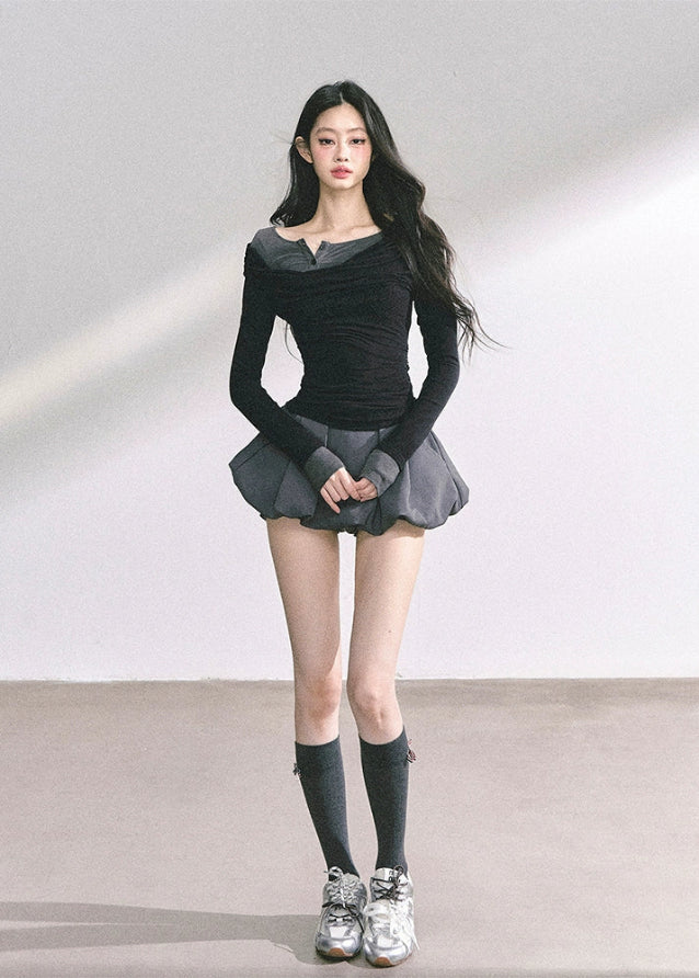 korean off shoulder top, korean fake two piece long sleeve, korean street fashion top women, seoul hot girl outfit, slim waist long sleeve top, korean fall fashion blouse, off shoulder wrap knit top, kfashion minimalist street top, korean aesthetic long sleeve shirt, trendy korean fall outfit, modern korean off shoulder design, slim fit off shoulder top women, layered illusion fashion top, korean street chic fashion, seoul inspired minimalist blouse