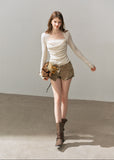 Ivory draped lace layered long sleeve top with fitted silhouette