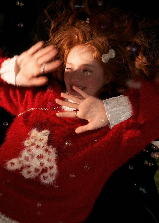 love pony sweater, red knit top, doll collar pullover, women fall winter sweater, sweet loose knit, lazy style fashion, fw25 collection, soft girl outfit, korean street fashion, tokyo boutique knit
