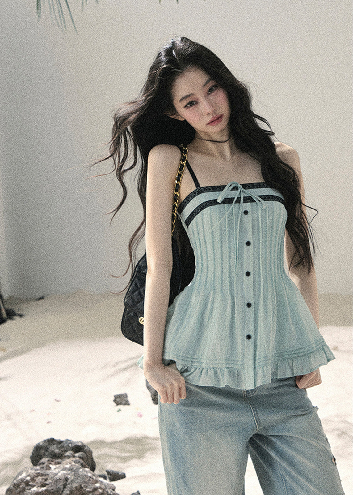 aomalm top, pleated cami top, seafoam summer top, korean fashion top, feminine summer blouse, contrast trim cami, peplum summer top, french style top women, slim fit cami top, elegant casual top, summer date outfit top, soft girl summer top