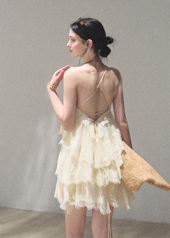 oakmoo dress, lace tiered dress, backless spaghetti strap dress, seaside vacation dress, lace maxi dress, korean fashion dress, romantic summer dress, ivory lace dress, brown lace dress, resort dress women, summer vacation outfit, layered lace dress, cake dress women, feminine summer dress