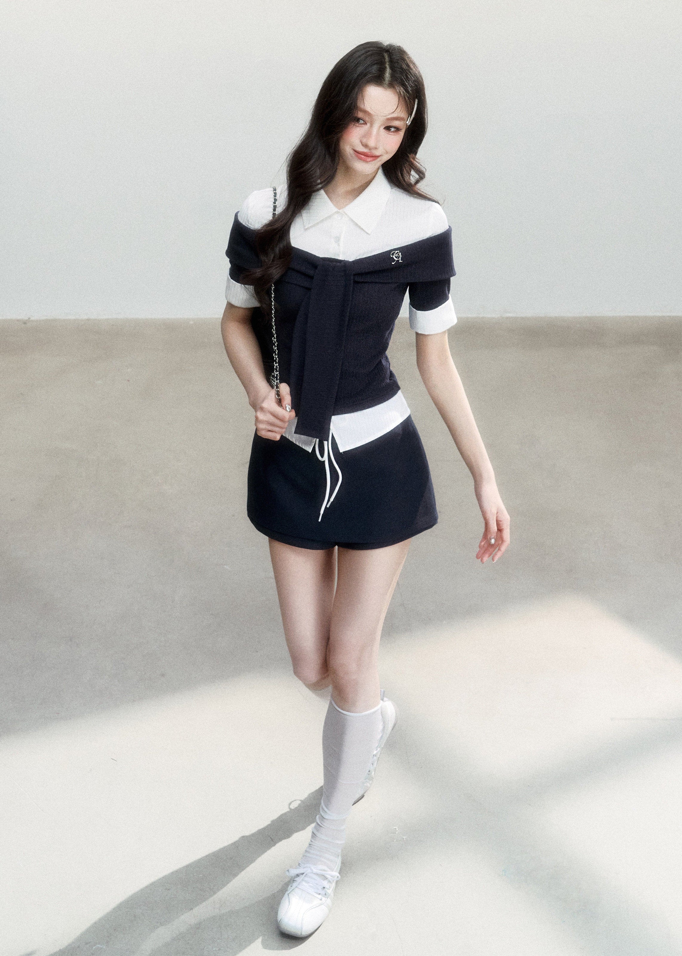 fragileheart top, korean collegiate top, faux two piece shirt, tie waist shirt top, preppy korean fashion, layered knit shirt, feminine campus top, korean preppy blouse, slim collar top, cute korean outfit, campus style shirt, soft girl fashion top