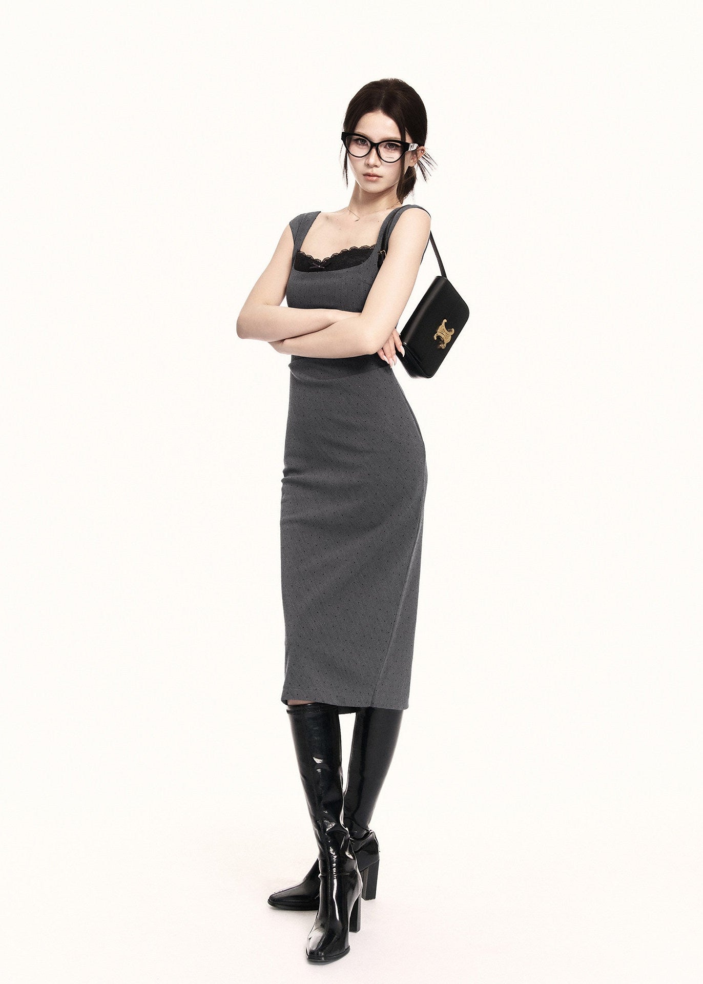 Waist-defined grey-black midi dress