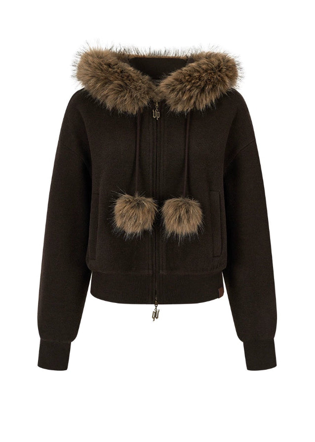 VIA PITTI fleece jacket, Y2K fur hood hoodie, faux fur fleece jacket, winter plush zip jacket, women’s fur ball hoodie, thickened fleece coat, Korean street fleece jacket, cozy winter hoodie, VIA PITTI outerwear, soft girl winter jacket, warm fluffy hood jacket