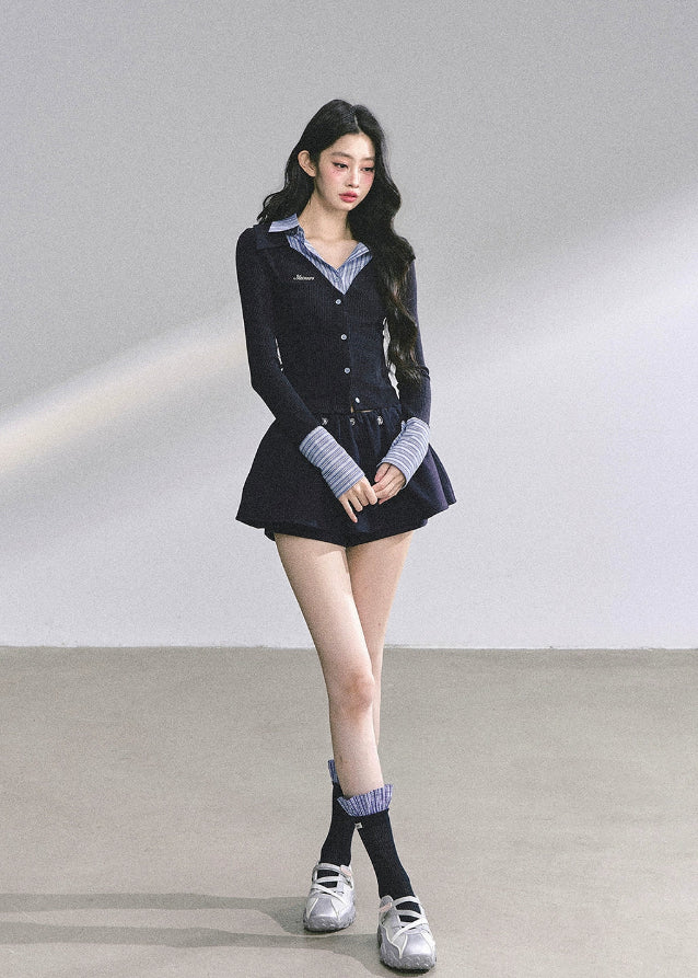 korean two tone knit top, fake two piece long sleeve top women, striped collar slim fit shirt, korean preppy fashion top, hot girl autumn outfit, seoul fashion knitwear, korean streetwear blouse, elegant korean knit top, office chic korean outfit, fall fashion women tops, french korean aesthetic outfit, preppy collar knit shirt, modern kfashion top women, slim waist knit top, korean girl fashion autumn