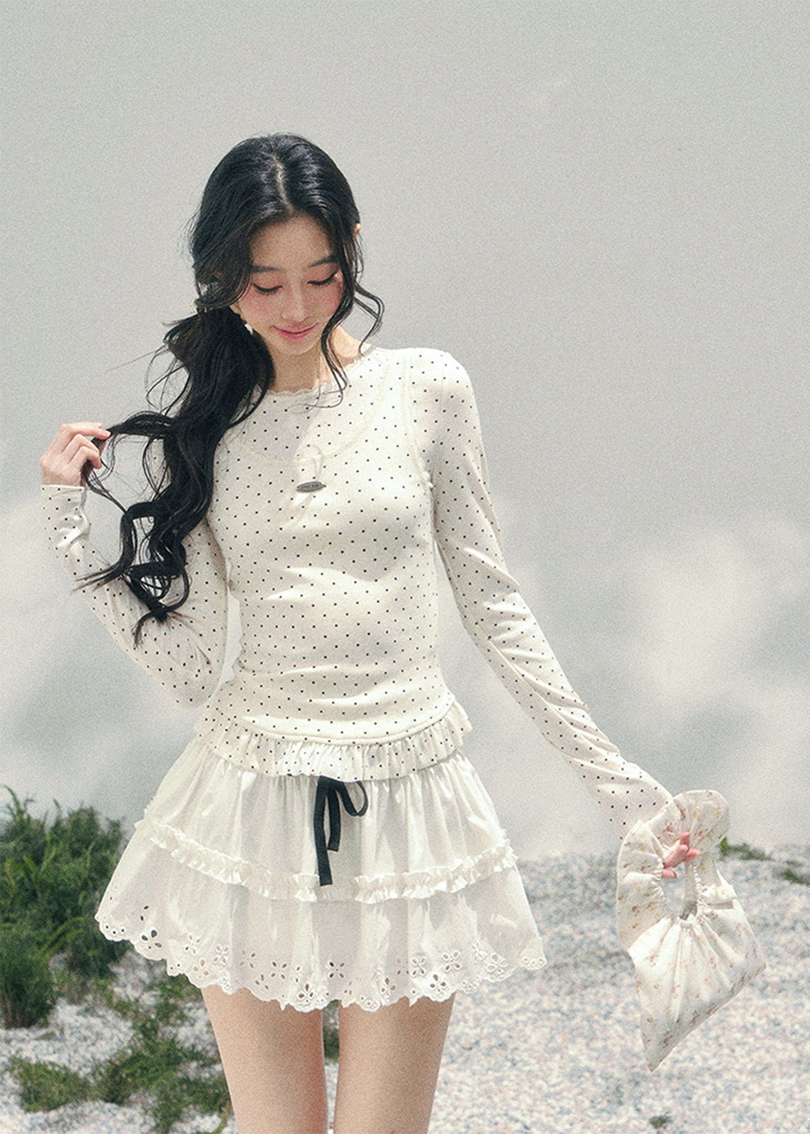 polka dot lace top women, fake two piece t shirt, spring slim fit top women, aomalm top style, feminine long sleeve tee, french student style top, refined casual spring top, lightweight lace t shirt women, waist shaping spring top, elegant daily wear women, korean french style clothing, delicate lace detail top, modern women long sleeve top, soft cream spring tee, understated luxury top
