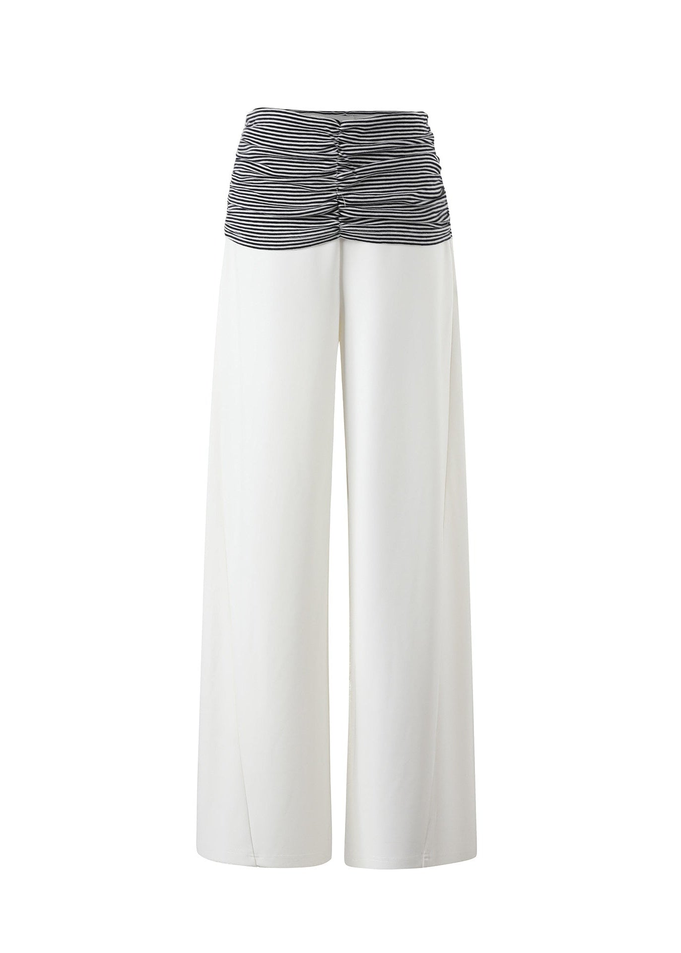 White wide-leg trousers with a ruched striped waistband