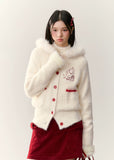 kitten embroidery cardigan, fluffy fur collar knit, detachable fur hood sweater, Korean girly knitwear, AW cozy cardigan, umoumo cute knit, embroidered cat cardigan, soft fuzzy winter sweater, contrast patchwork knit, warm loose cardigan, pastel winter knit, feminine Korean fashion, cute cat print knit, fluffy hooded cardigan, Fragileheart soft aesthetic, cozy warm knit jacket, winter cute girl outfit, fuzzy embroidered cardigan