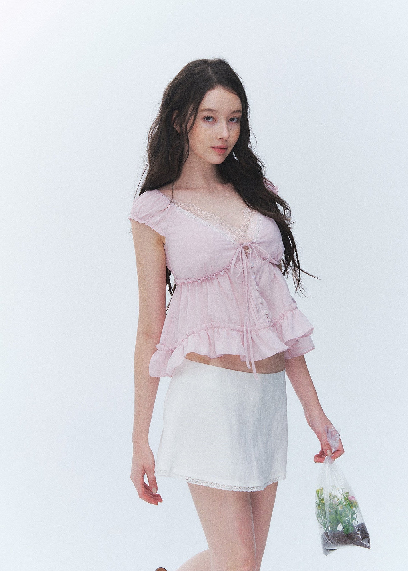 lace v neck top, summer lace top, tie front blouse, Korean feminine top, French sweet top, ruffle hem top, floral sleeve blouse, peplum summer top, romantic white top, vacation summer blouse, first love style top, feminine Korean fashion, lyocell cotton linen top, soft summer blouse, café date outfit