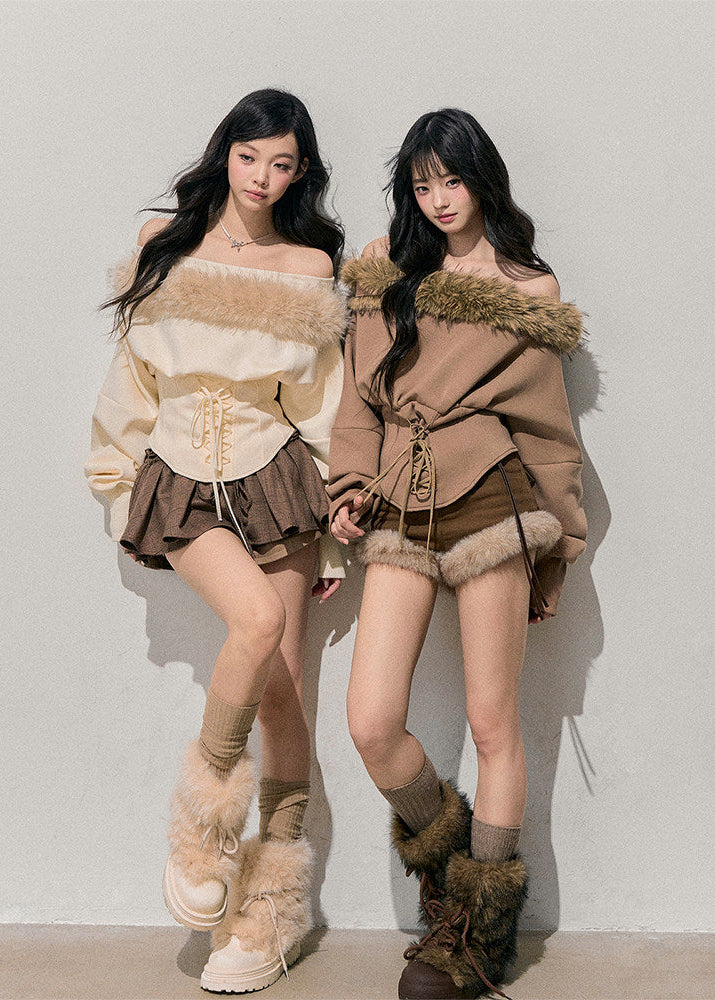 Korean feminine top, off shoulder knit top, winter plush top, fur trim sweater, waist slimming top, soft Korean style, women winter top, French inspired knitwear, cozy feminine top, elegant winter outfit, AOMALM top, faux fur trim shirt, romantic winter fashion, slim fit knit top, Korean aesthetic clothing, winter date outfit, soft girl style top, feminine corset top