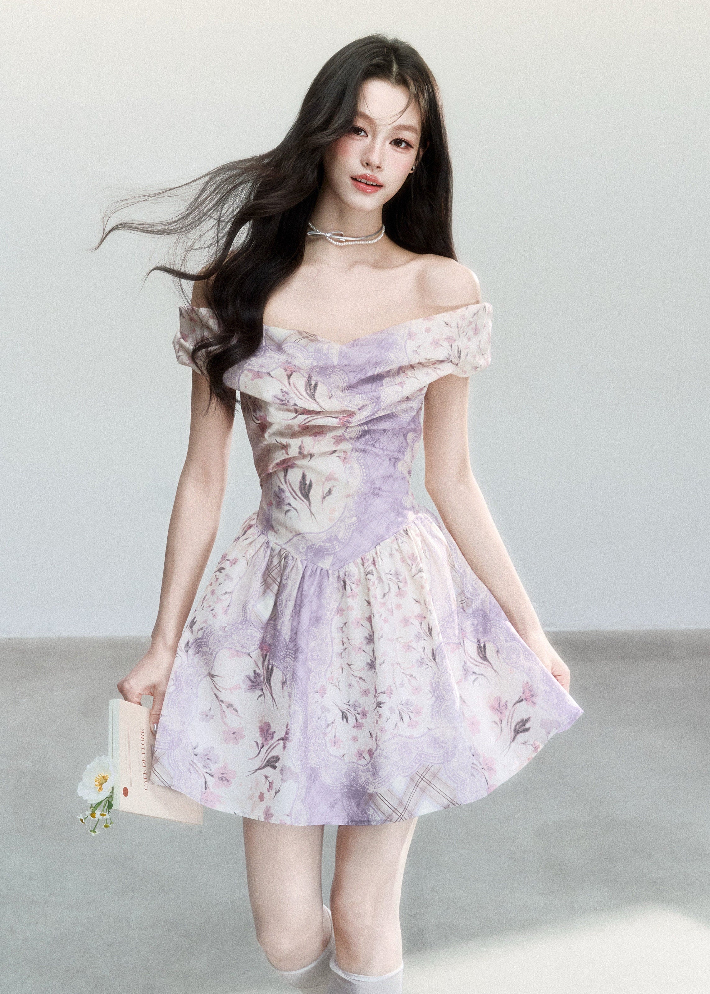 fragileheart dress, purple floral dress, off shoulder floral dress, korean feminine dress, romantic summer dress, lavender mini dress, floral korean fashion, vintage floral dress, feminine date dress, soft girl dress, summer floral outfit, elegant korean dress
