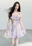 fragileheart dress, purple floral dress, off shoulder floral dress, korean feminine dress, romantic summer dress, lavender mini dress, floral korean fashion, vintage floral dress, feminine date dress, soft girl dress, summer floral outfit, elegant korean dress